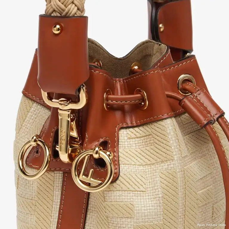 Cheap Beige with Motif Handle FF Bag Tresor Mini Bucket Mon Fendi Straw Straw In 0508